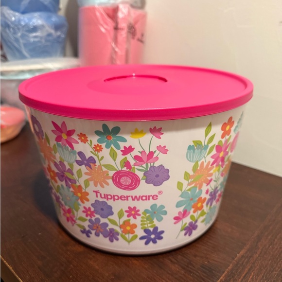 Tupperware Floral Container with Bright Pink Lid - Picture 1 of 1